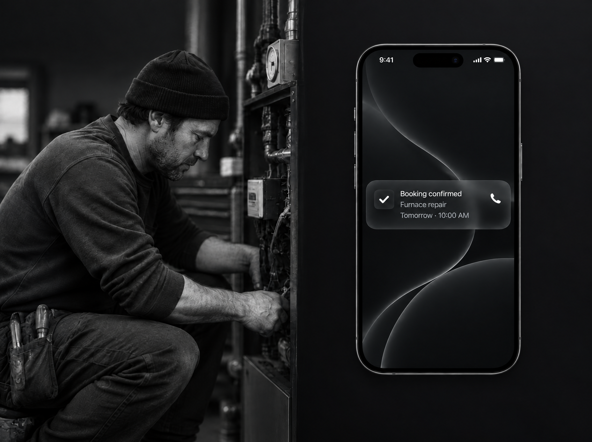 Illustrative tradesperson scene beside a phone showing a new furnace repair booking for tomorrow at 10 AM.