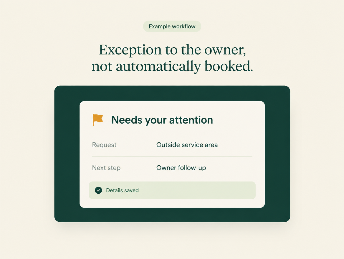 Example request outside the service area flagged for owner follow-up, with the details saved.